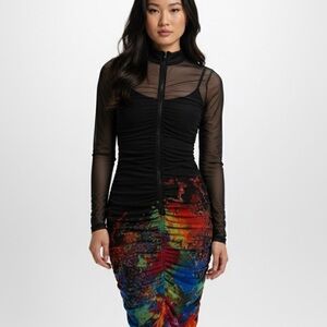 Black Mesh Long-Sleeve Dress with Multicolor Skirt